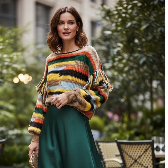 Alice + Olivia Sweaters - Alice + Olivia Claudette Fringe Striped Sweater Multicolor CC107S04708 Womens XS